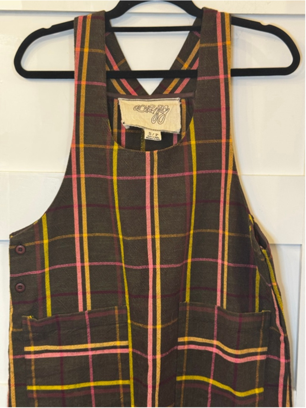 Ace & Jig Plaid Pinafore Apron Dress Brown Green Organic Cotton Size S - Picture 2 of 5